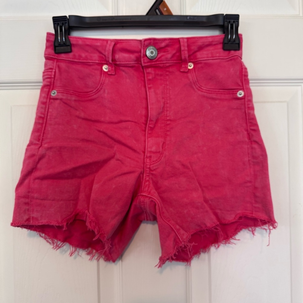 American Eagle Stretch Cut Off Jean Shorts Size 0 Pink  Wash Mid Rise Distressed